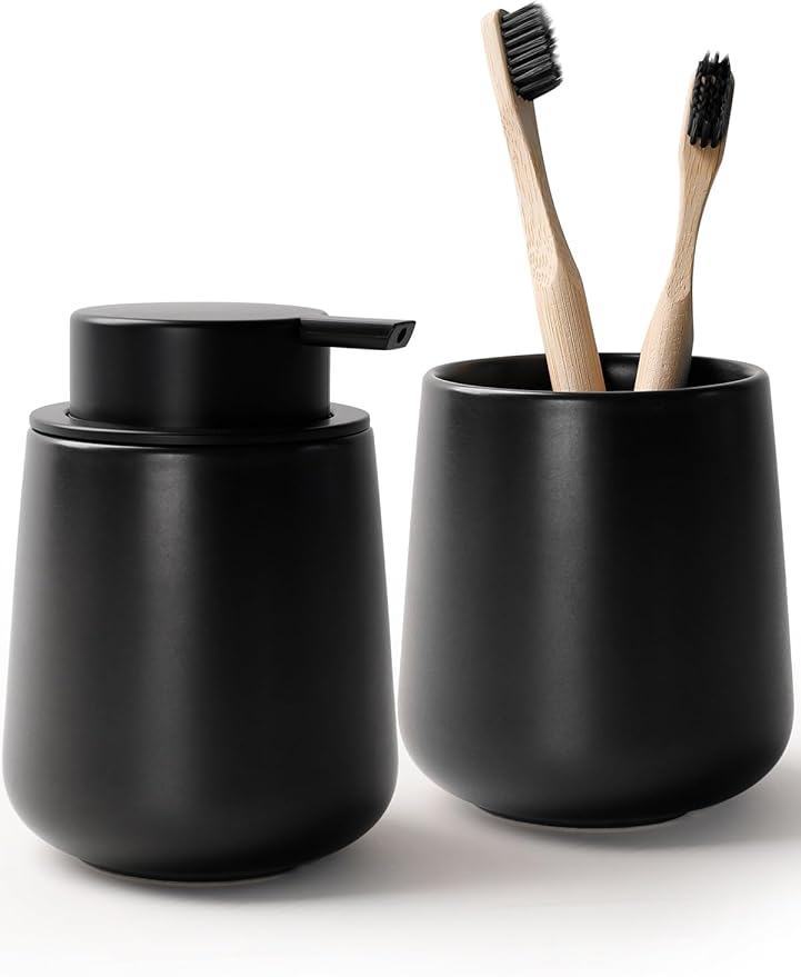 Bosilunlife Soap and Toothbrush Holder Set - Ceramic Bathroom Accessories Set Black Liquid Hand Soap Dispenser Set for Bathroom Toothbrush Holder and Soap Dispenser Set