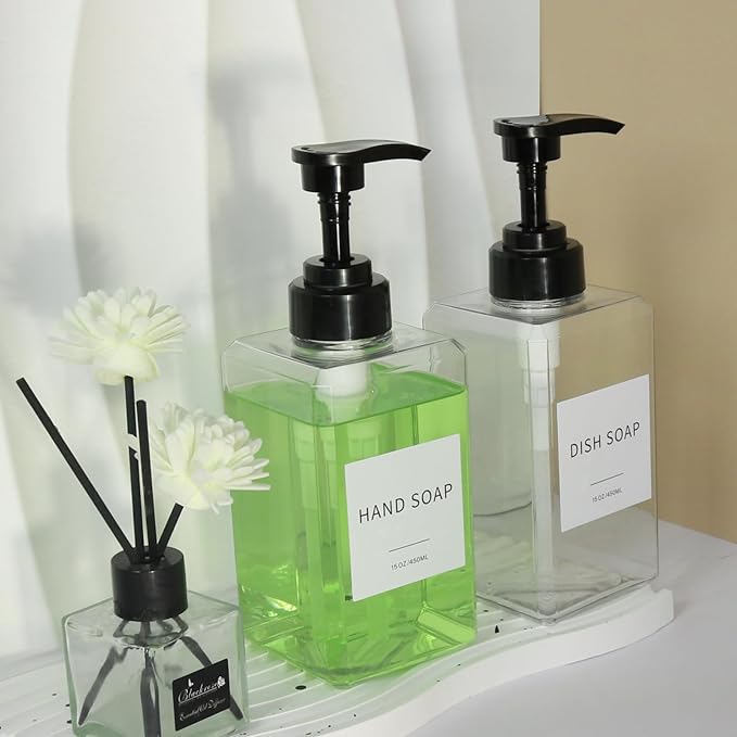 Clear Soap Dispenser with Waterproof Labels, Thickened Plastic Hand Soap Dispenser for Bathroom, Kitchen Dish Washing Liquid Bottles, Shampoo and Conditioner Bottles with Funnel (15oz 4Pack Clear)