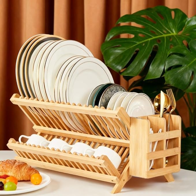 QUEENKAY Dish Drying Rack Collapsible 2-Tier Bamboo Dish Rack for Kitchen Counter Wooden Dish Drainer with Foldable Space-Saving Design for Dishes, Plates, and Cups