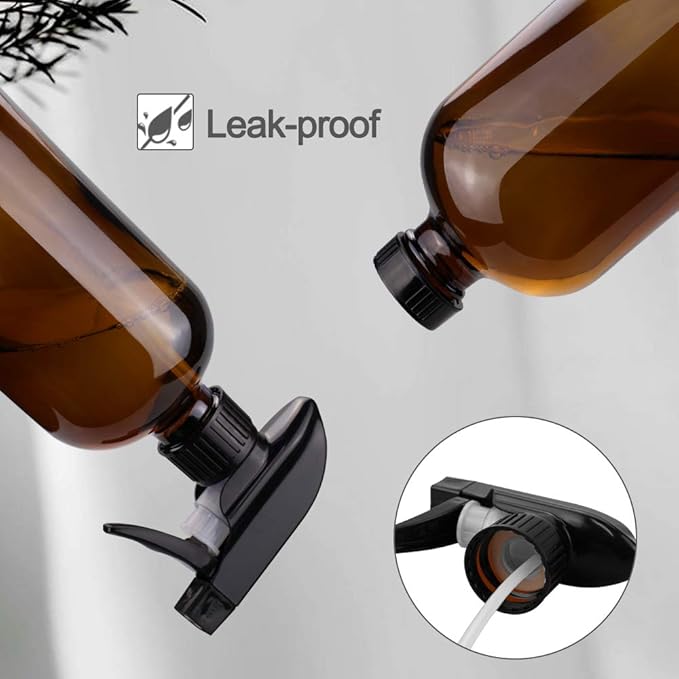 Glass Spray Bottles, 16oz Amber Glass Spray Bottles with Labels & Adjustable Nozzle, Reusable Containers for Cleaning, BBQ, Food, Plants, Alcohol, Essential Oils(1 Pack)