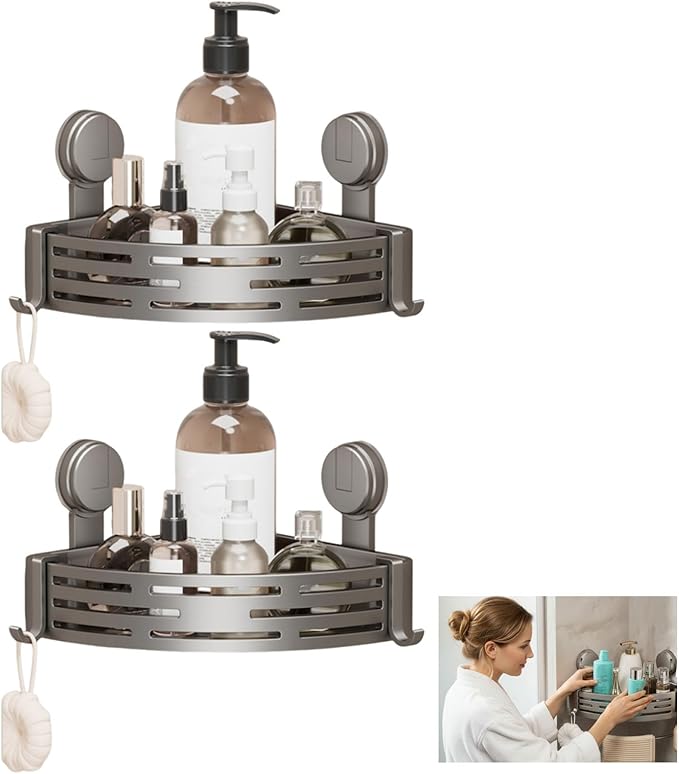 Triangle Suction Cup Shower Caddy, No-Drill Bathroom Corner Shelf, 2-Tier Bathroom Organizer with Hooks & Towel Bar, Rust-Resistant, Heavy Duty Shower Corner Rack for Smooth Surfaces (Normal*2)