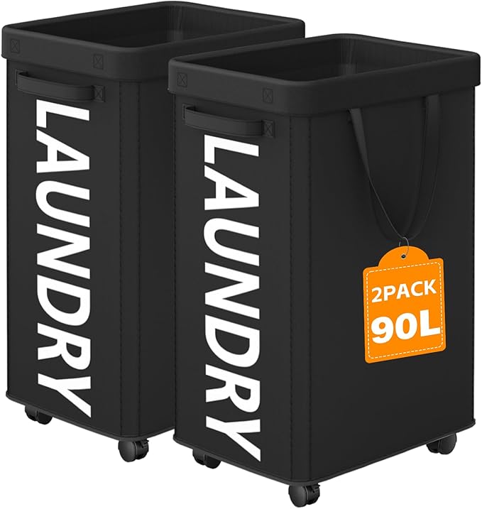 2 Pack Laundry Basket with Wheels, 90L Rolling Laundry Hamper with Wheels, Large Clothes Hamper on Wheel with Removable Mesh Bag for Bedroom, Dorm, Black