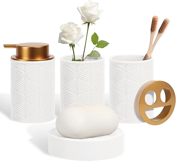 Ceramic Bathroom Accessories Set, 4 Pcs-Includes Lotion Soap Dispenser, Toothbrush Holder, Vanity Tray, and Tumbler, Modern Bathroom Decor Organizer with Soap Dish, Apothecary Jar, White Color