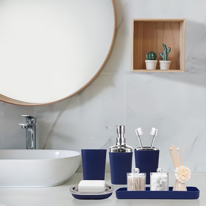 Navy Blue Bathroom Accessories Set, 9-Piece Plastic Gift Set with Trash Can, Toothbrush Holder, Toothbrush Cup, Soap Dispenser, Soap Dish, Toilet Brush Holder,2 Qtip Holder Dispensers and Tray