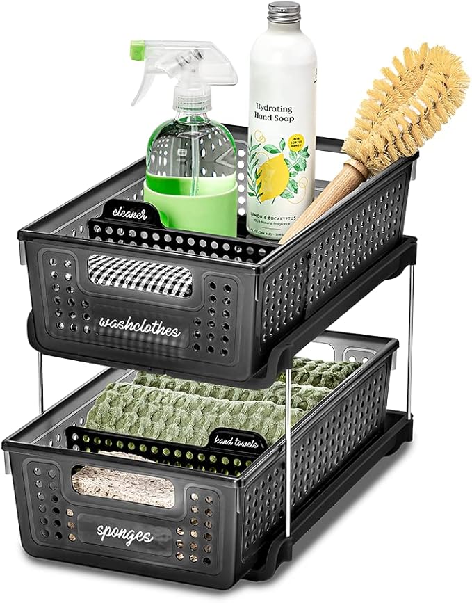madesmart Antimicrobial 2-Tier Organizer Multi-Purpose Slide-Out Storage with Handles and Dividers for Home and Bath, Pack of 1, Carbon