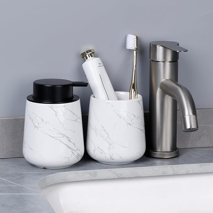 Bosilunlife Hand Soap Dispenser - Marble Lotion Dispenser 12Oz Ceramic Soap Dispenser Bathroom Refillable Liquid Pump Dispenser for Bathroom Kitchen Dispenser for Dish Soap with Easy-to-Press Pump