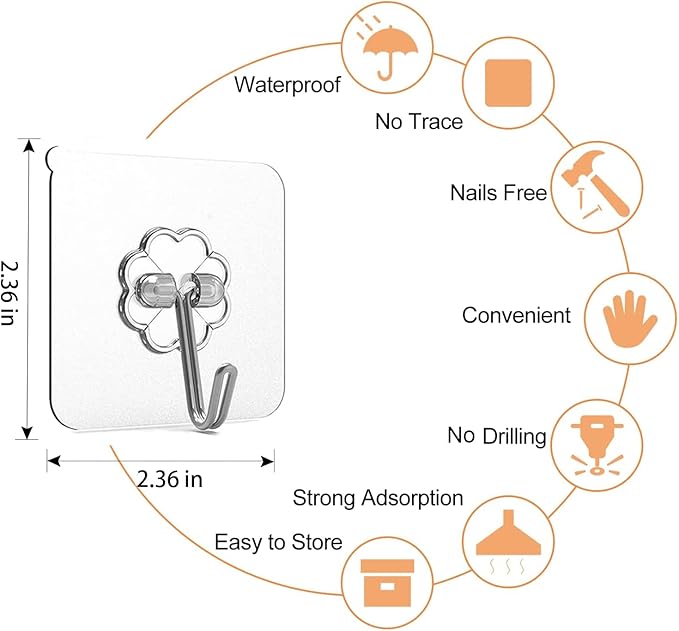 Adove Adhesive Hooks for Hanging, Heavy Duty Wall Hooks 20 Pack, Removable Sticky Ceiling Hooks, Transparent Self Adhesive Shower Hooks, Water & Oil Proof Strong 22lb(Max) Door Coat Hooks