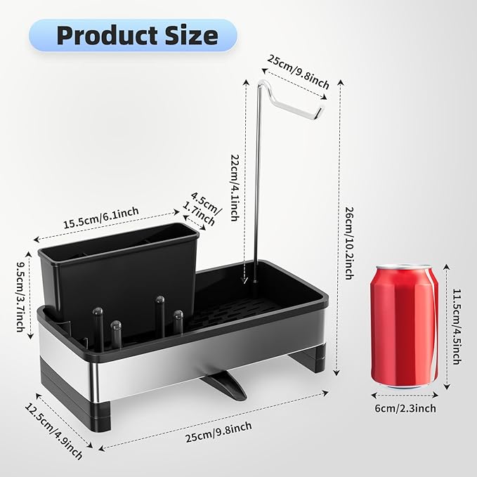 Ewaiira Stainless Steel Sink Caddy, Sponge Holder for Kitchen Sink with Brush Holder & Dishcloth Rack, Rustproof Sink Organizer Countertop, Kitchen Organizers Storage Essentials (D-Black)