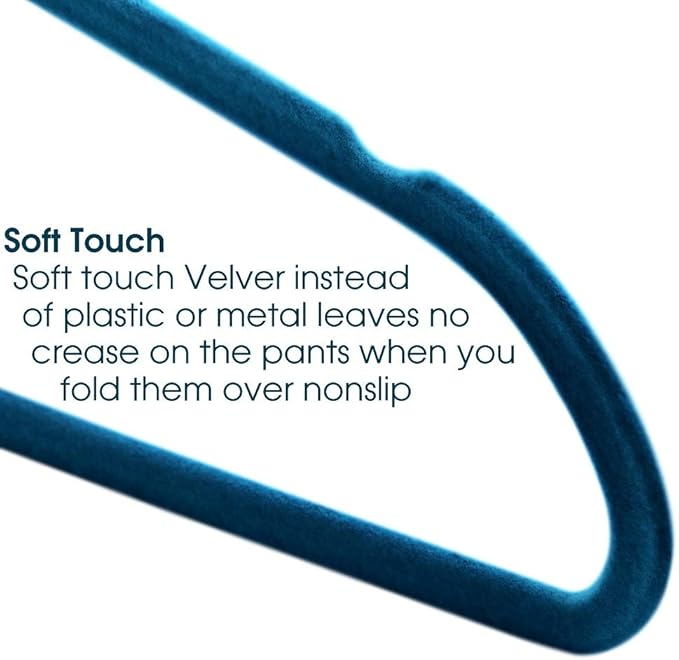 Elama 100 Piece Set of Velvet Slim Profile Heavy Duty Felt Hangers with Stainless Steel Swivel Hooks in Blue