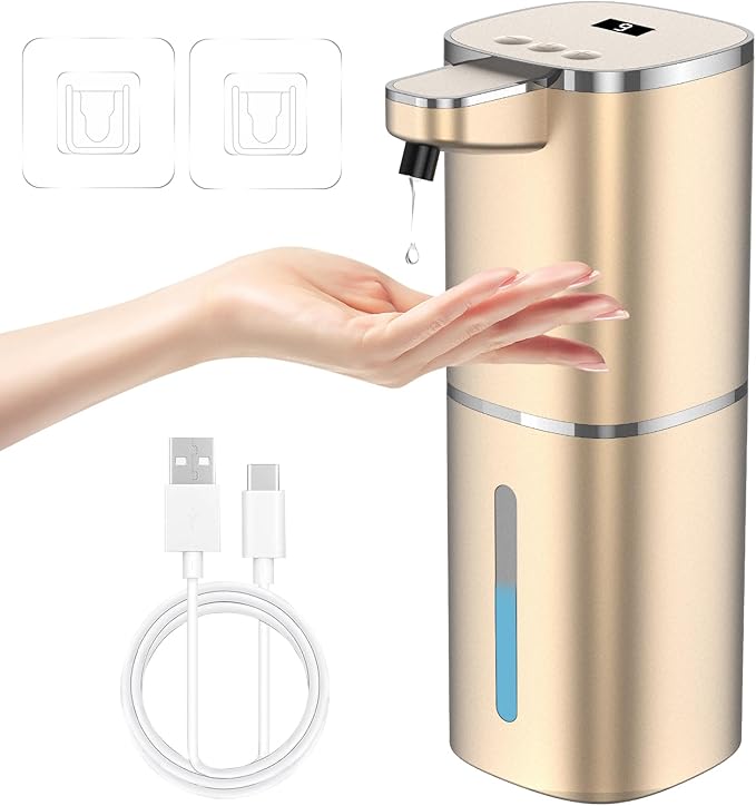 Automatic Liquid Soap Dispenser, 9 Adjustable Levels, 380ml/12.8oz, Touchless Hand Soap or Dish Soap Dispenser,IR Sensor & Display,Wall-Mount or Tabletop Use for Bathroom Kitchen (Gold)