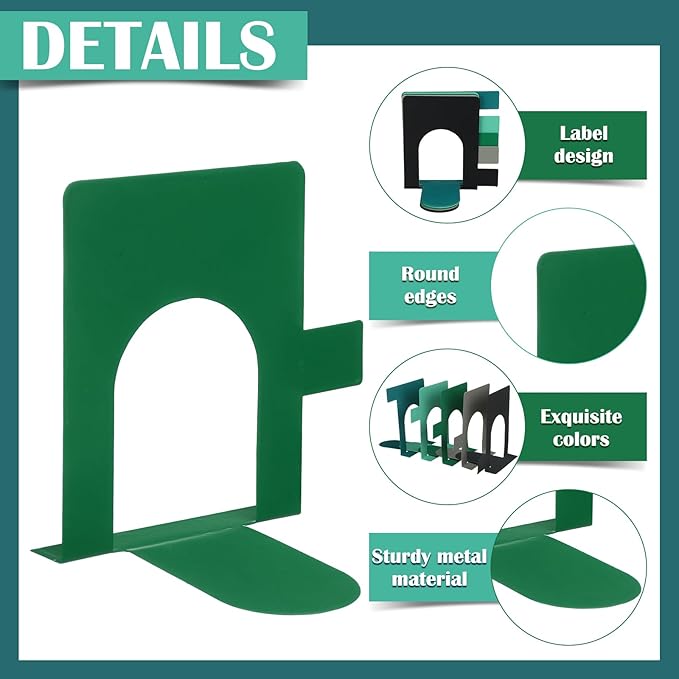 5 Set Metal Book Ends for Shelves Book Shelf Dividers Library Shelf Marker Bookends Stopper Colorful Office Stand Holder for Heavy Books Desk Home Movies Kitchen Cds(Gray Green)