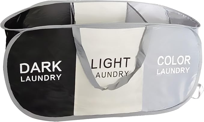 Foldable Pop Up Laundry Hamper, 3 Compartment Laundry Basket Collapsible, Easy to Sort Clothes Hampers for Laundry Room, Dorm Room Essential