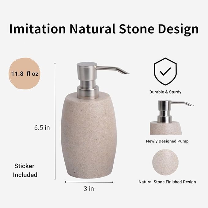 Sandstone Textured Resin Soap Dispenser with Metallic Pump and Waterproof Bottle Labels for Bathroom Kitchen Dish Hand Wash Shower Lotion Shampoo, 12 Oz, Beige