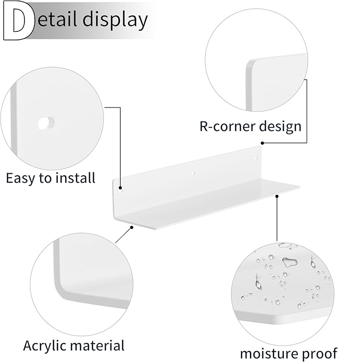 16 Inches White Acrylic Shelves, Wall Hanging Spice Rack, Wall Organizer Storage Shelf for Kitchen, Dining Room, Living Room, Bedroom, Bathroom, 2 Pack