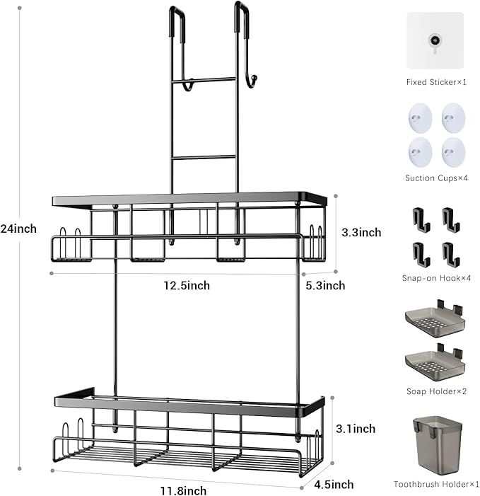 Over the Door Shower Caddy Hanging: Black Rustproof Shower Organizer over the Door - No Drilling Bathroom Rack for Inside