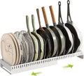 Pots and Pans Organizer Under Cabinet with Drain Board, Expandable Pot Lid Organizer inside Cabinet Holder with 10 Adjustable Compartment, Rack for Cutting Board, Sheet Pan, Cookware, White