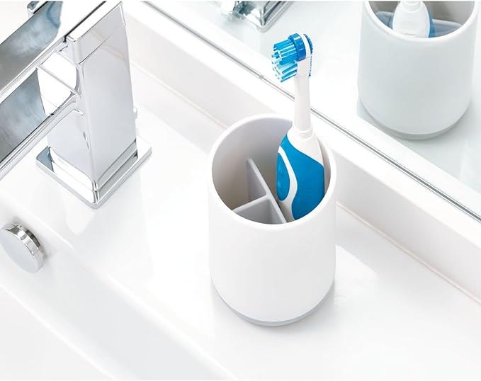 iDesign Toothbrush Holder for Normal Toothbrushes, Spin Brushes, and Toothpaste, The Cade Collection - 3" x 3" x 4. 5", White/Gray