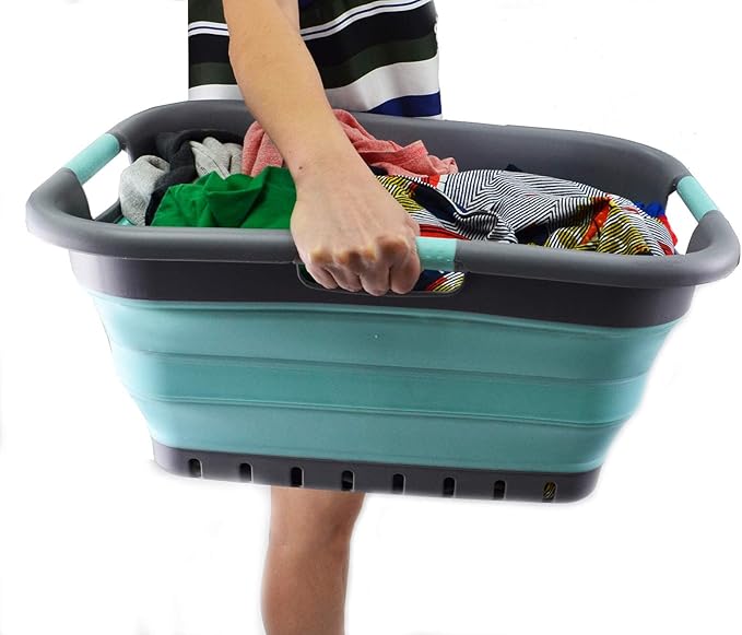 SAMMART 41L Collapsible Plastic Laundry Basket - Foldable Pop Up Storage Container/Organizer - Portable Washing Tub - Space Saving Hamper/Basket (3 handled rectangular, Medium Grey/Lake Green)