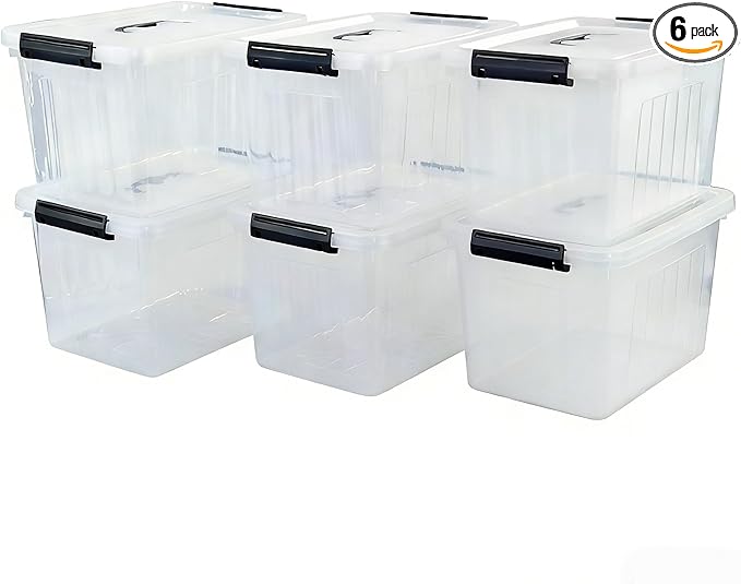 Yesdate Plastic Storage Bins with Lids, 6 Pack Storage Organizer, 10 L Stackable Storage Bins with Buckle-Up Latches and Handle, Storage Totes for Home Office Pantry Organization, Clear