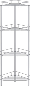 4 Tier Floor Standing Corner Shower Caddy Organizer Shelf with Hooks, Bathroom Shelves Stand Rack, Silver