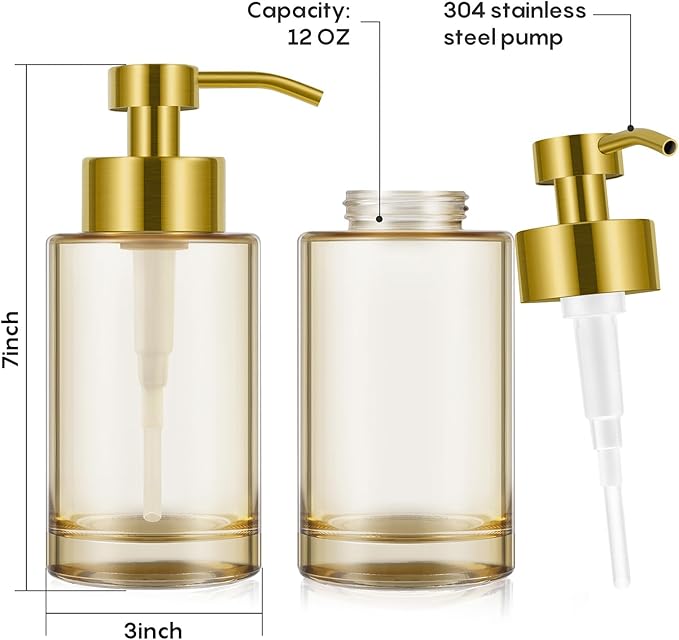 Glass Soap Dispenser with Stainless Steel Pump 2 Pack,12oz Thick Glass Gold Hand Liquid Soap Dispenser for Bathroom & Kitchen