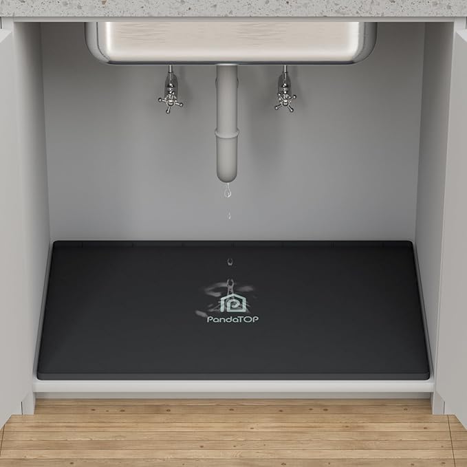 Under Sink Mat, 22" x 19" Silicone Kitchen Cabinet Tray, Waterproof & Flexible Under Sink Liner for Kitchen Bathroom and Laundry Room(Black)