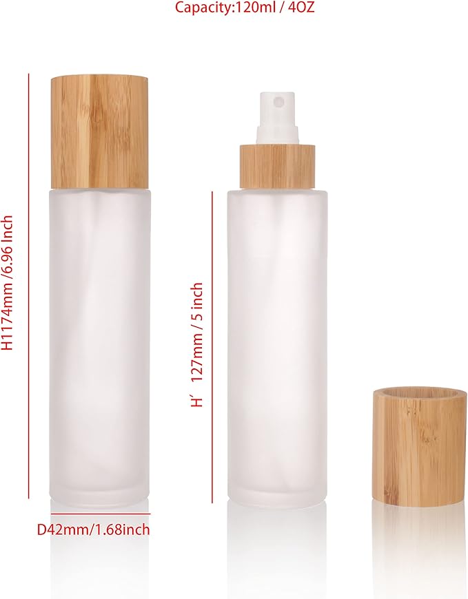 COSIDEA 4 pcs Empty 4oz /120ml bamboo lid Frosted glass spray bottle with fine mist despenser head for liquid perfume toiletries containers, toner bottles