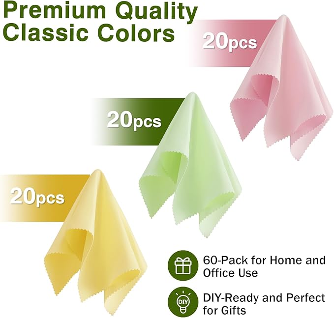 60-Pack Microfiber Cleaning Cloths for Glasses, 6x7 Inch Premium Lens Cleaning Cloth for Screens, Cameras, Eyeglasses, Cell Phone, LCD TV Screens，Pink，Green，Yellow