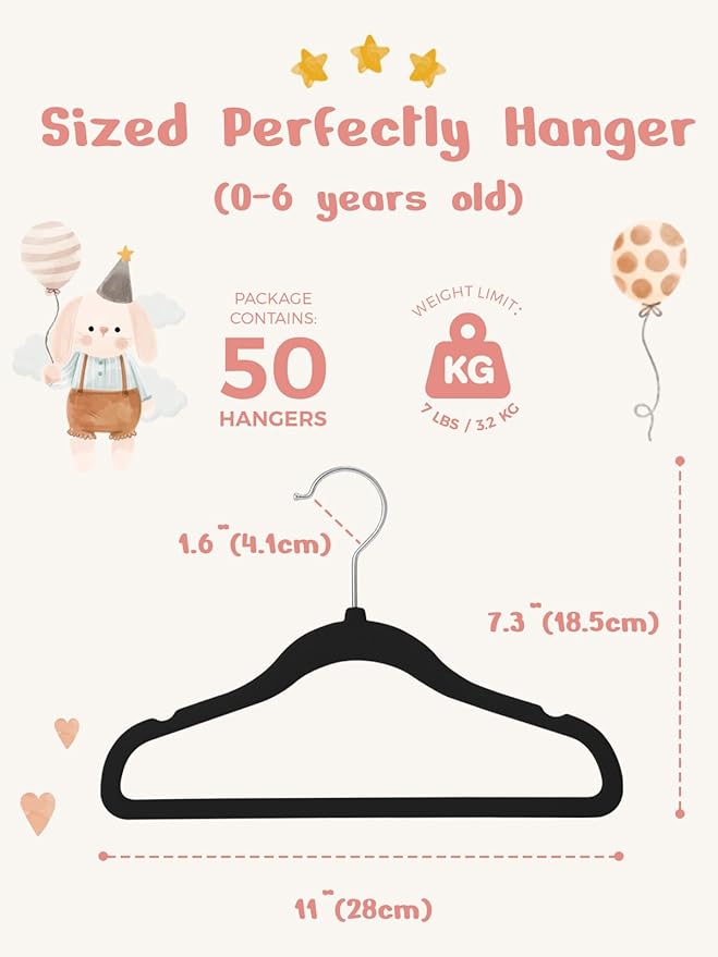 HOUSE DAY 11 Inch Black Velvet Baby Hangers 20 Pack, Premium Kids Hangers for Children, Infant & Toddler Clothes, Durable Non Slip Baby Felt Hanger for Closet, Ideal for Everyday Use