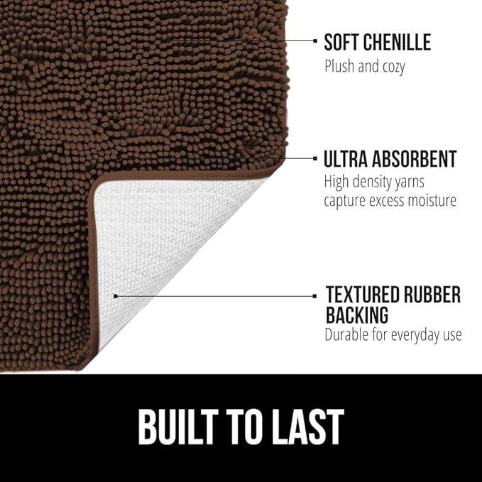 GORILLA GRIP Plush Absorbent Shaggy Chenille Bath Rug Mat for Square Toilet Base with Rubber Backing, Machine Washable Rugs, Soft Microfiber Contour Mats for Toilets, Bathroom Decor, Brown
