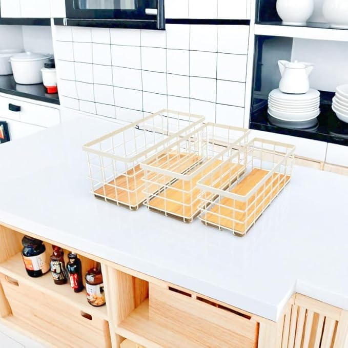 TIEYIPIN Farmhouse Decor Metal Wire Storage Baskets, Wood Base Containers Organizing Basket Caddy Bin for Kitchen Cabinets, Bathroom, Pantry, Garage, Laundry Room, Closets - Cream White (Set of 3)