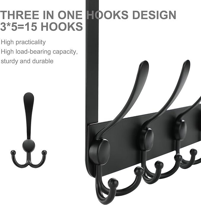 OIM OMIIOMIO No Drill, No Installation Over The Door Coat Rack with 15 Hooks - Door Hanger Organizer for Towels, Coats, Hats | Bathroom, Bedroom, Closet Storage Solution