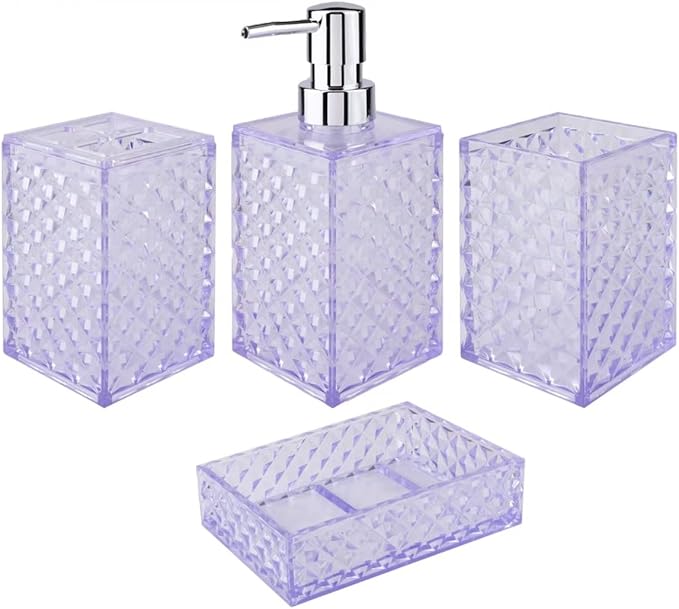 Bathroom Accessory Set, 4 Pcs Plastic Bathroom Set Include Soap Dispenser, Soap Dish, Toothbrush Holder, Mousewash Cup, Modern Bahtroom Décor Set, Space Save for Bathroom(Light Purple)