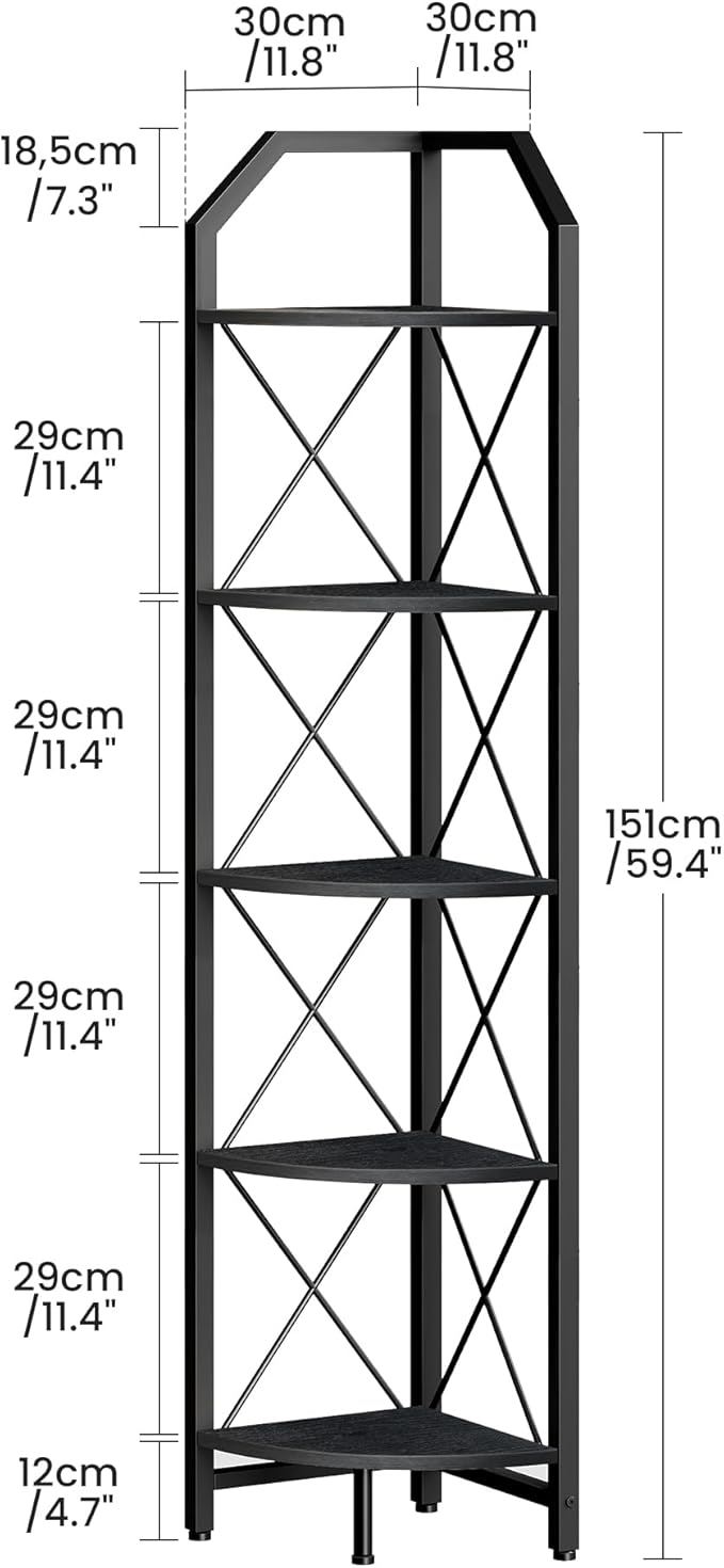 5-Tier Corner Shelf, Industrial Corner Bookshelf, 59.4" Corner Storage Stand, Plant Stand Display Shelf, Corner Bookcase for Bedroom, Living Room, Home Office, Black TCJ10BB