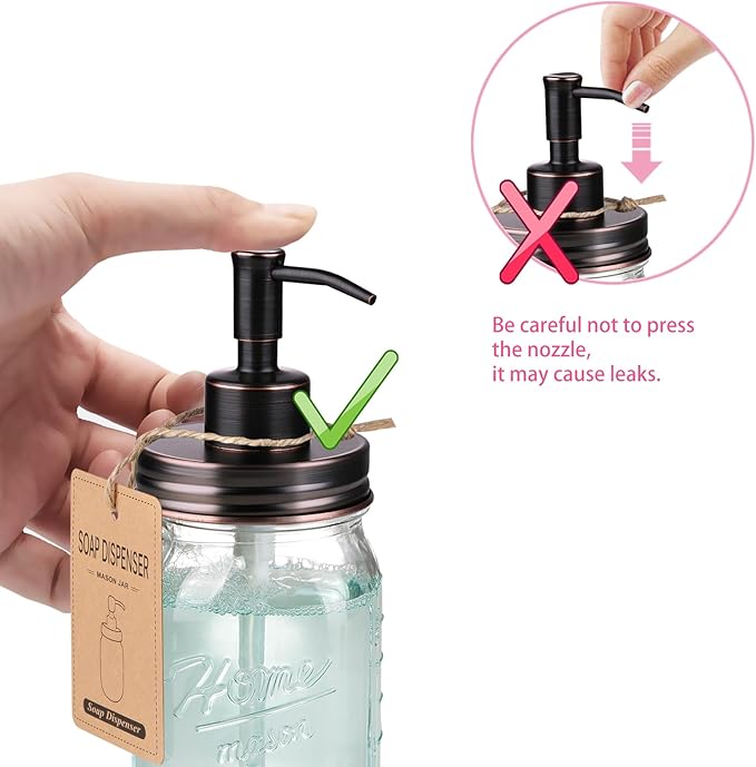 SheeChung 16 Oz Mason Jar Liquid Soap Dispenser, Glass Hand Soap Dispenser, Stainless Steel Pump Lid, Refillable Lotion Dispensers for Bathroom Countertop Kitchen (2, Oil Rubbed Bronze)