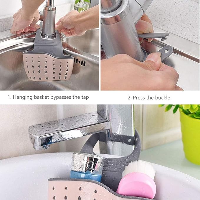2Pcs Sink Sponge Holder,Adjustable Silicone Sling Sponge Caddy with Drain Holes,for Kitchen/Bathroom Comes with 1Pcs Sponge Eraser