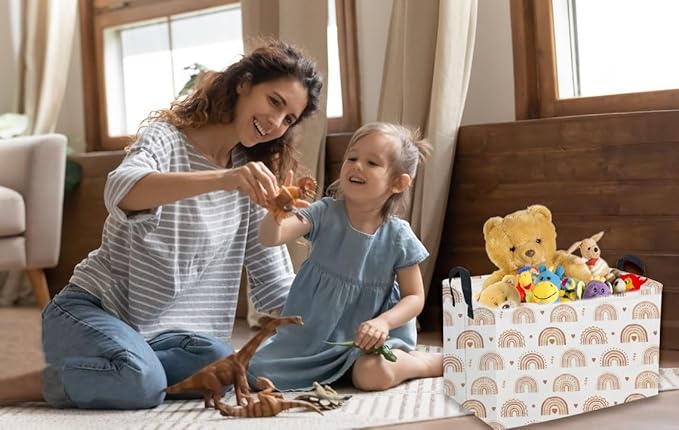 Sanjiaofeng Rectangular Boho Basket Rainbows Storage Bins,Girls Storage Basket with Handles.Clothers,Books,Kid's Gifts Bins. (Rainbows)