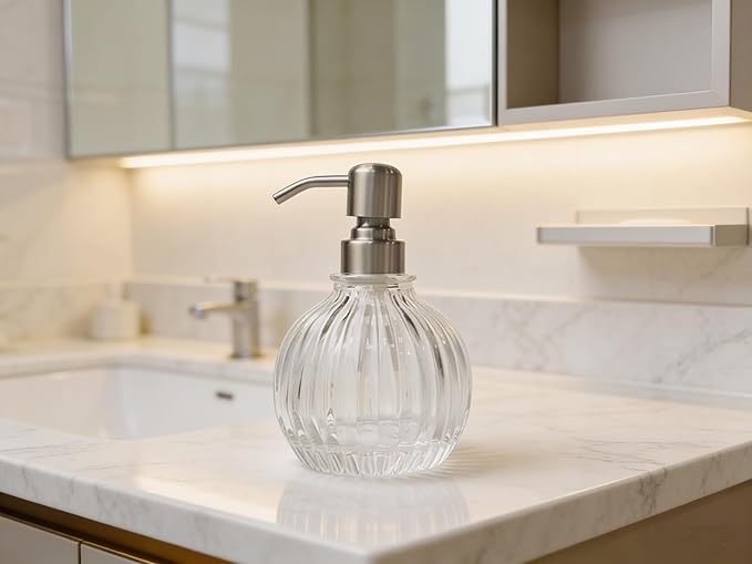 Round Bathroom Soap Dispenser Brushed Nickel Pump, Glass Bottle with Stainless Steel Pump Liquid Soap Dispenser Sphere Countertop Hand Kitchen