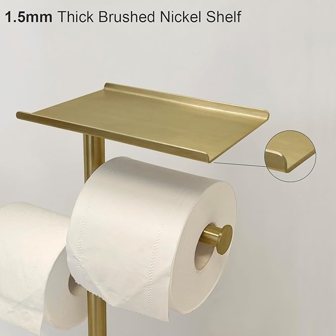 GZILA Brushed Gold Toilet Paper Stand Holder with Shelf, Marble Design Base Free Standing Toilet Paper Roll Holder with 2 Dispenser SUS 304 Stainless Steel Reserve, Storage 5 Rolls