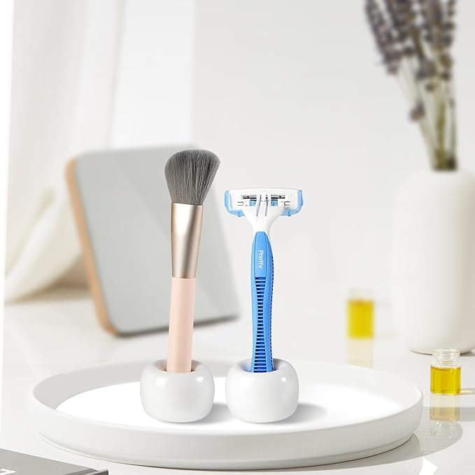 SheeChung Mini Ceramic Toothbrush Holder, Small Handmade Couple Toothbrush Stand for Bathroom Vanity Countertop Travel Camper, Bathroom Organizers and Storage, 2 Pack, White