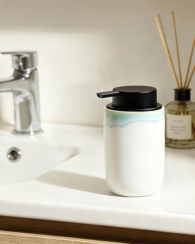 BosilunLife Hand Soap Dispenser - Foam Soap Dispenser Bathroom Ceramic Dish Liquid Soap Dispenser for Kitchen, Bathroom Countertop Soap Dispensers (White with Blue-Green Rim Liquid Pump)