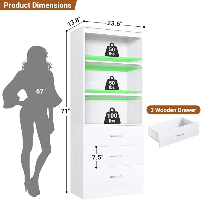 Aheaplus 23.6" Closet Drawers System, Wood Closet Organizer System with 3 Drawers, Modular Small Walk-in Closets Storage Unit, White (23.6" L x 13.8" W x 71" H)
