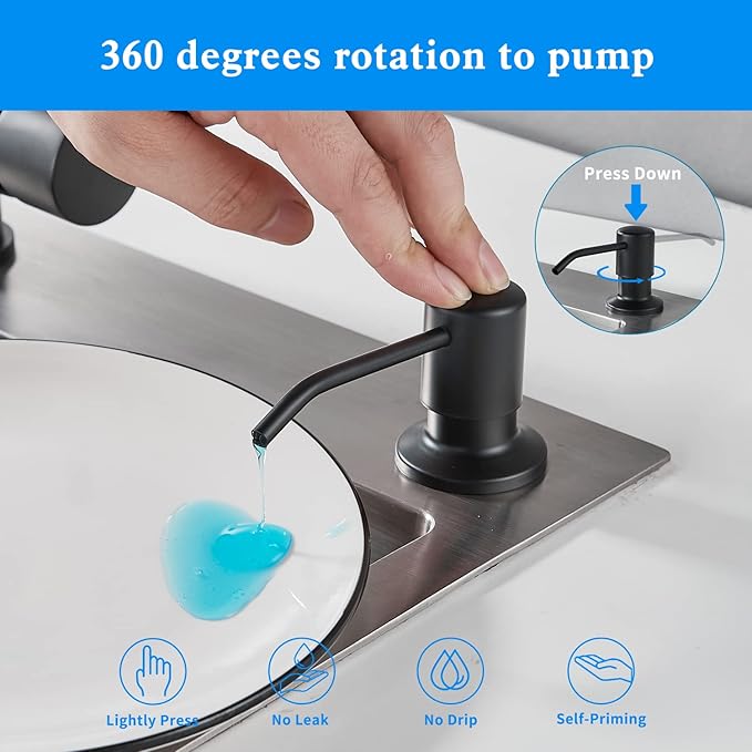 Built in Soap Dispenser for Kitchen Sink, Matte Black Stainless Steel Countertop Pump Head, Dish Soap Hand Lotion Dispenser with Refillable 17OZ Bottle