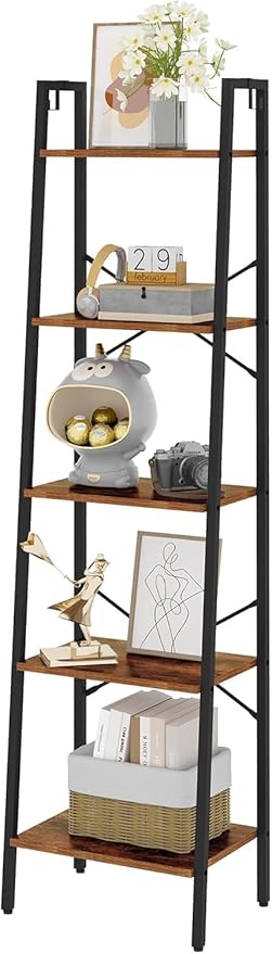 Ladder Shelf, Bookshelf Bookcase, Freestanding Corner Storage Shelve with 2 Hooks for Home Office, Living Room, Kitchen, Bedroom, Industrial, 11.8" D x 17.3" W x 63" H, Rustic Brown BC19201B
