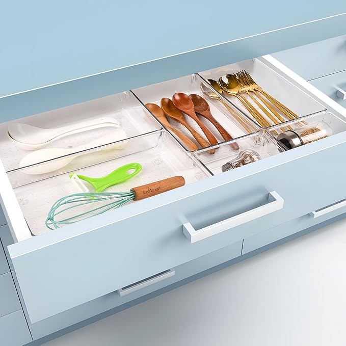 6 PCS Large Drawer Organizer, 3Sizes Plastic Versatile Desk Drawer Organizer Trays with Non-Slip Silicone Pads, Storage Bins for Makeup, Office, Kitchen Gadgets Utensils, Bedroom, Tools, Bathroom