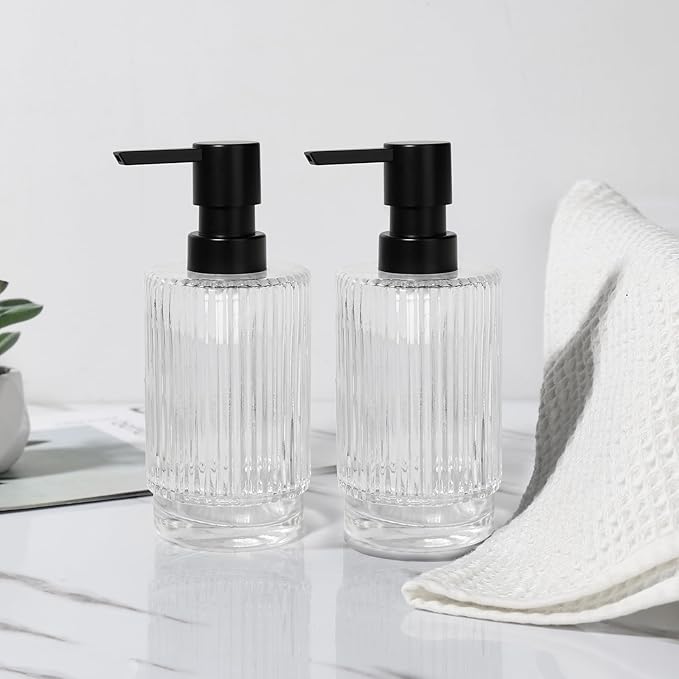 Glass Soap Dispenser with Pump, 2 Pack 11 fl oz Clear Hand Soap Dispensers for Bathroom, Ribbed Style Dish Soap Dispenser for Kitchen, Modern Refillable Liquid Soap Pump Bottle