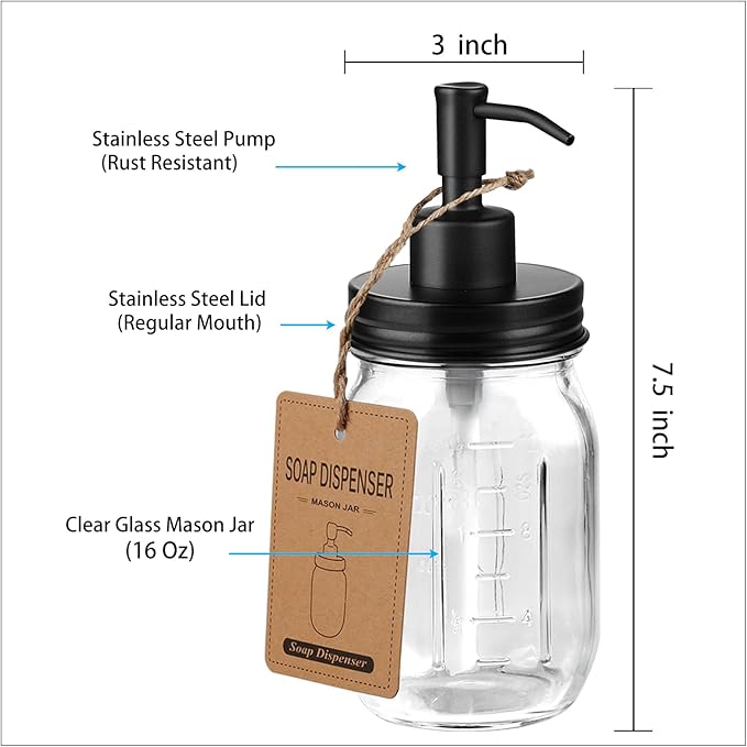 SheeChung 16 Oz Mason Jar Liquid Soap Dispenser, Glass Hand Soap Dispenser, Stainless Steel Pump Lid, Refillable Lotion Dispensers for Bathroom Countertop Kitchen (1, Black)
