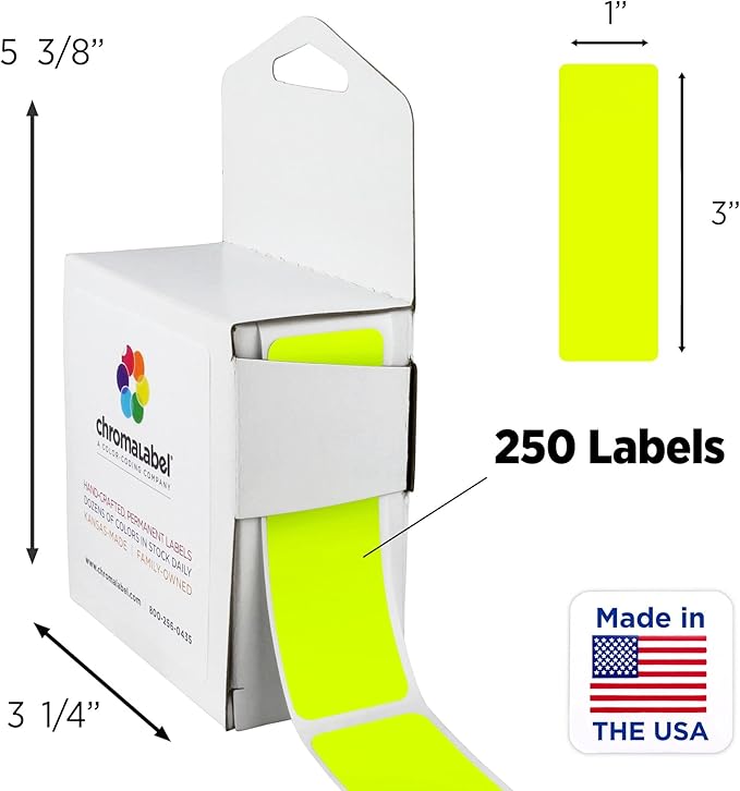 ChromaLabel 1 x 3 Inch All Purpose Permanent Color Code Rectangle Labels, 250 Labels per Dispenser Box, Fluorescent Yellow