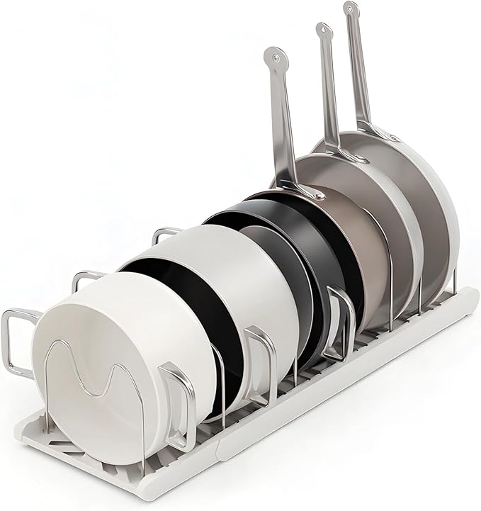OMISTAR Expandable Pots Pans Organizer Rack, Adjustable Pot Lid Holder with 7 Adjustable Steel Dividers, Cookware Storage Drying Rack for Kitchen Cabinet, Countertop, Baking Pans and Trays
