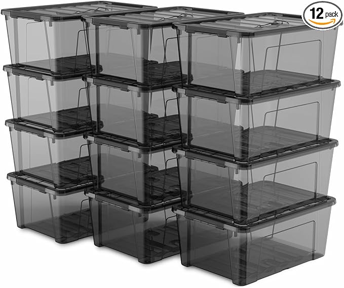 Clear Black Storage Bins with Lids, 12 Pack Plastic Containers with Carry Handles, 5 Qt Stackable Organizer Boxes with Latching Locks for Organizing Items